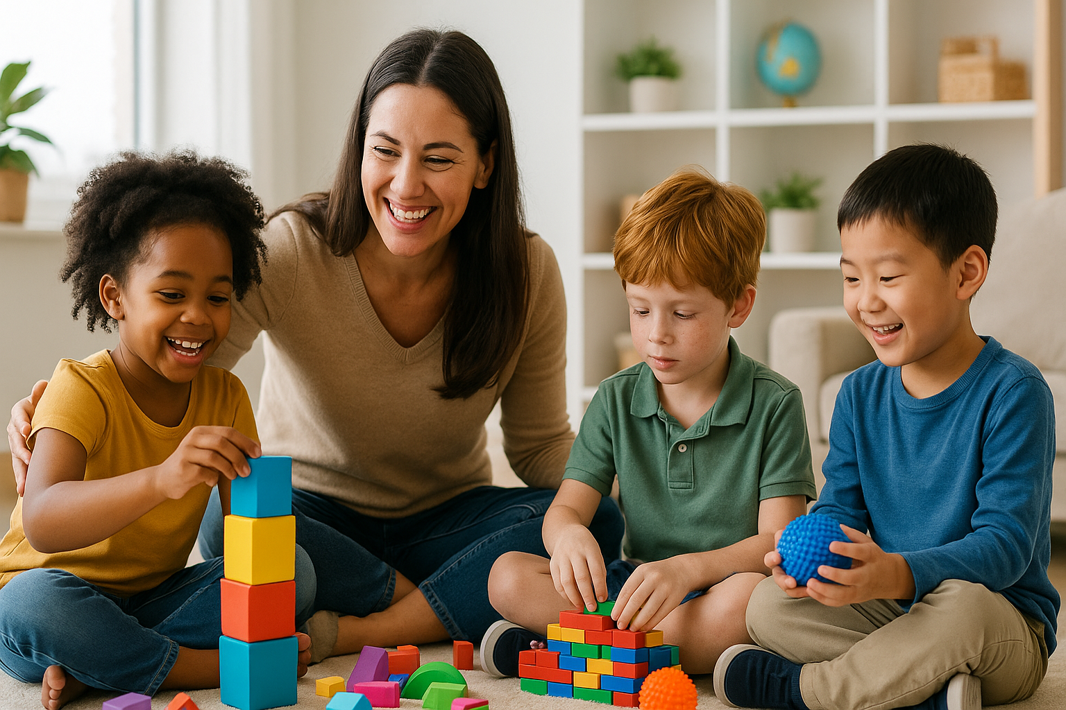 Therapist working with children using colorful blocks